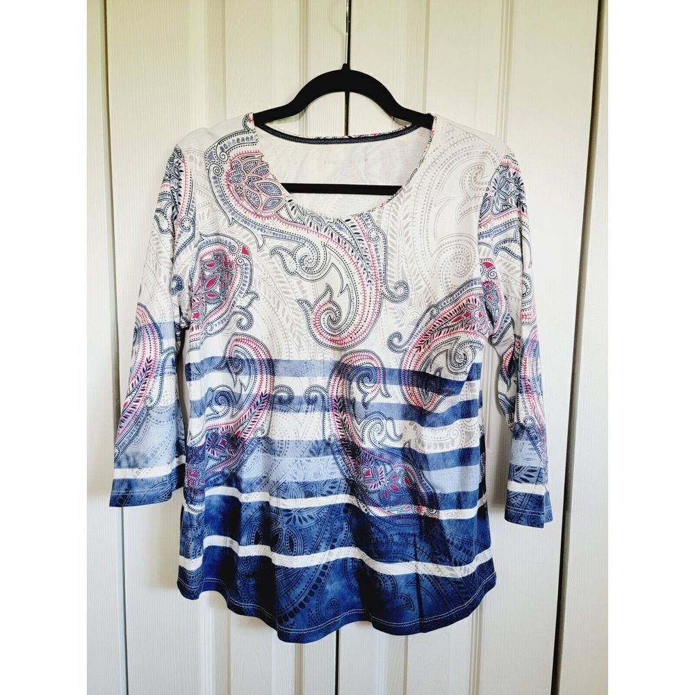 Allison Daley PM Paisley Top Red/Wh/Blue Beaded Paisley 3 4 Sleeve‎